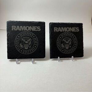 THE RAMONES LOGO LASER ENGRAVED BLACK SLATE COASTERS X 2